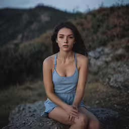a woman with no makeup is sitting on a rock