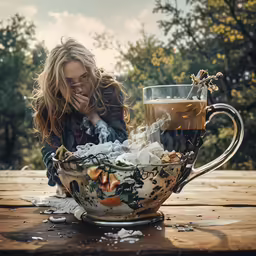 a woman in a black coat sitting in front of a bowl of food