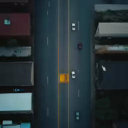a road that has yellow posts on it in the middle of some houses