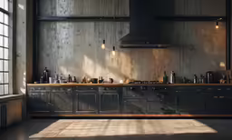 kitchen with wooden cabinets and light shining on countertop