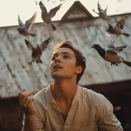 man with doves over him with birds on the roof