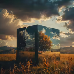 a surrealal box sitting in a grassy field