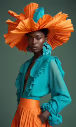 the lady in the hat, a colorful outfit and an orange skirt