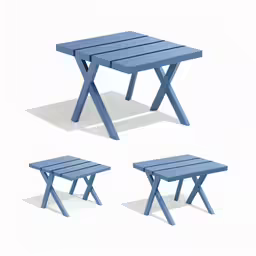 three picnic tables in blue color with one table missing