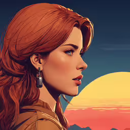 a woman standing with a sunset in the background,a digital painting of a redheaded girl wearing earrings