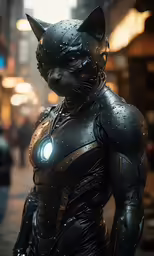 a catwoman is dressed in all black and is standing on the street
