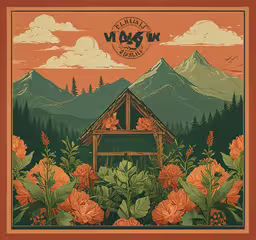 the national park poster has mountains, flowers and a cabin,a red frame that has the cover of an album of flowers in front of mountains
