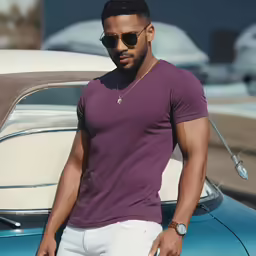 a male in a purple shirt and sunglasses next to a car