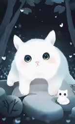 two cats stand on rocks in front of some trees