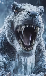 a big polar bear has sharp teeth and a massive grin