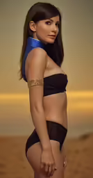 a beautiful woman in a sexy black bikini standing on the beach