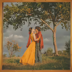 a couple standing in a field with their arms around each other