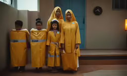 a group of women and children in yellow robes