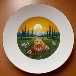 the porcelain painting is a red fox laying on the grass