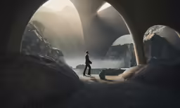 a man standing on top of a cliff under a tunnel