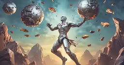 an image of a man with a sci - fifit costume, and hands on his hips holding two large balls