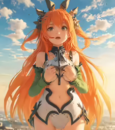 a young woman dressed as a demon standing on top of a hillside