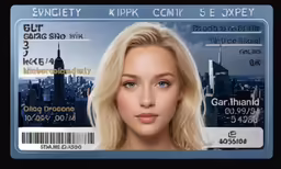 a card has an id on it with a picture of a blonde woman in front of it