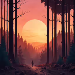 the sun setting over a forest filled with trees and rocks,a digital painting of a person walking in a forest