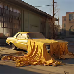 a car covered in yellow cloth is parked in front of a building,a yellow car covered with tarp in front of a building