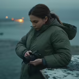 a woman standing near the ocean taking pictures with her camera