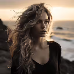 a woman standing on top of a cliff near the ocean,a woman with long hair standing by the beach