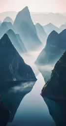 an island is surrounded by mountains in the water