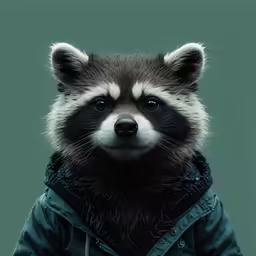 a raccoon in a jacket with blue eyes