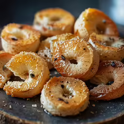 many bagels of various types on a black plate