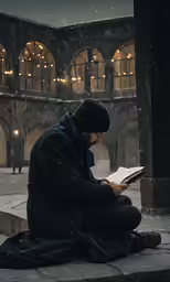 a man sitting on the steps with his book