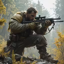 a man with rifle and glove on crouching in forest