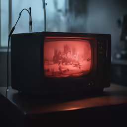 an old fashioned tv is turned red for the show