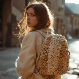 the girl is walking down the street carrying a large bag