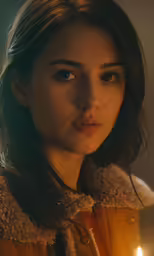 a woman in a coat holding a candle in front of her face