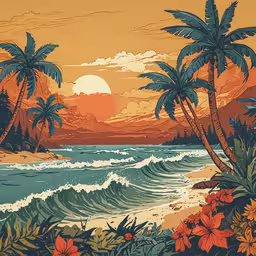 a landscape with palm trees, water, and orange colors,a beach scene with the sun setting in the sky