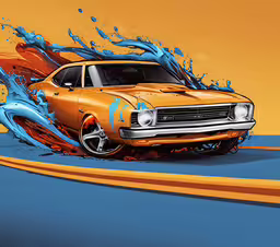 the dodge charger painted in orange, blue, and yellow,an orange car is painted on a yellow background