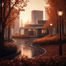a building sits on the top of a hill in the distance as fall foliage covers the street