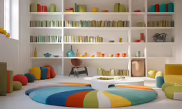 brightly colored circular rug in front of open shelves