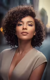 a beautiful woman wearing a dress standing on the street