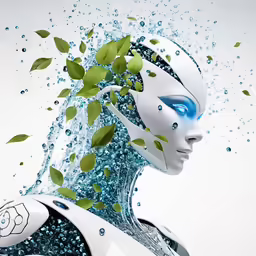 a robot woman with splashing leaves falling off her head