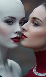 two mannequins face to face, with red lipstick and black dress