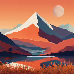 a painting of mountains, grass and water with the moon above them,a mountain range covered in mountains and surrounded by grass