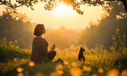 a young woman sitting on top of a grass field next to a black cat