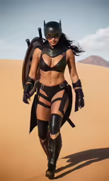woman with armor, outfit and shoes on walking across desert