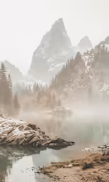 an idyllic area with lots of water in it, snow and mountains