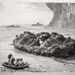 this is a beach scene with people lying in a boat on the shore