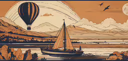 a picture of an illustration of a ship,a drawing with a boat, mountains and a balloon in the sky