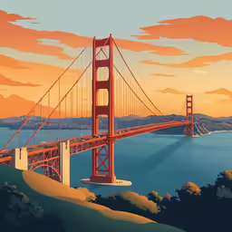 an art - print of a golden gate bridge, overlooking the water