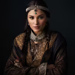 a young beautiful woman wearing an elaborate crown and jewelry