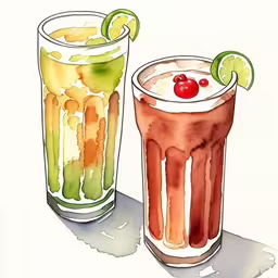 two cups on a table next to each other,two drinks with garnish and lime slices and strawberries